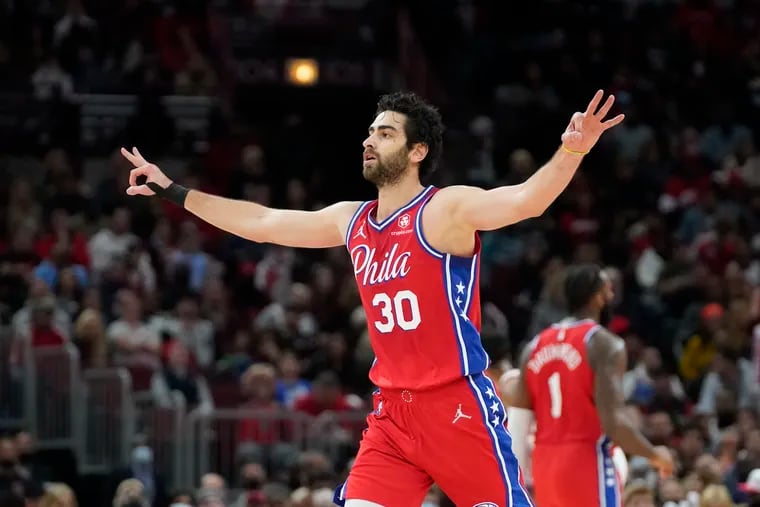 Philadelphia 76ers' Furkan Korkmaz celebrates his 3-point basket during the second half of the team's NBA basketball game against the Chicago Bulls on Saturday.