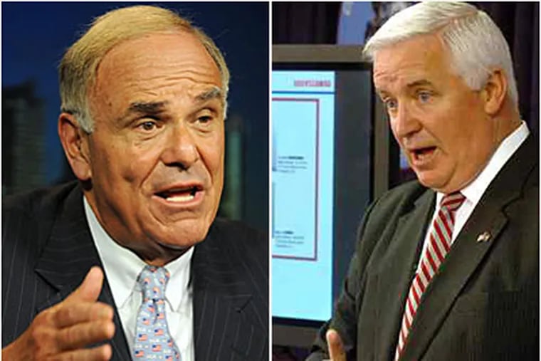 Gov. Corbett (right) has frozen at least 50 applications for state-funded grants that are part of a program heralded by former Gov. Ed Rendell. (File photos)