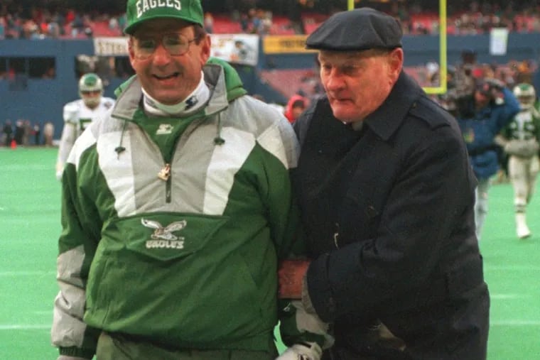 Former Eagles coach Rich Kotite with general manager Harry Gamble (right) in the early 1990s.