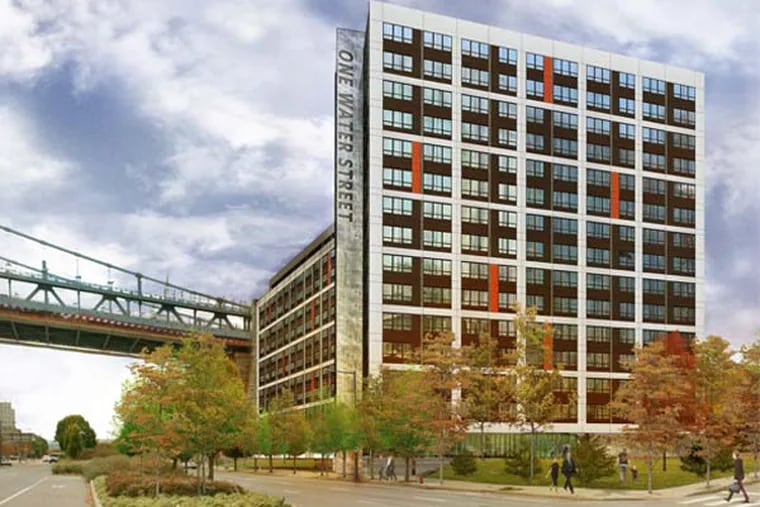 Rendering of PMC’s One Water Street apartment building being built on the Delaware River waterfront. The company plans to reconfigure the building’s ground floor to accommodate retail. (c/o Varenhorst)