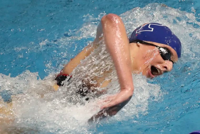 Penn swimmer Lia Thomas in action during the 500m freestyle during a meet at Penn’s Sheerr Pool on Jan. 8.