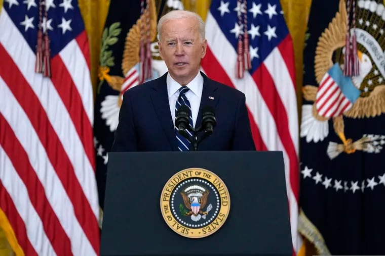 President Joe Biden speaks during a news conference in the East Room of the White House on Thursday.