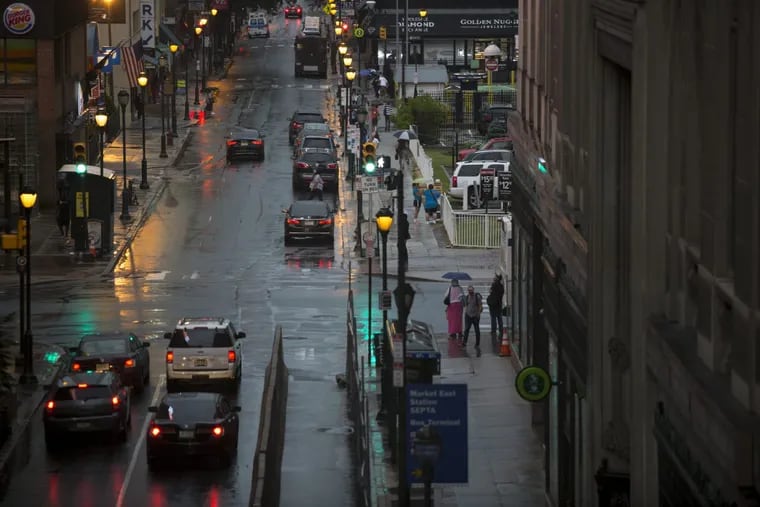 Rain pours on Center City; a common sight these days, and a repeat is coming soon.