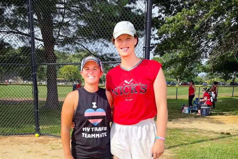 Trans softball player Brittney Miller (right) with teammate Sara Steinman during a tournament last week at Mercer County Park in West Windsor, N.J.