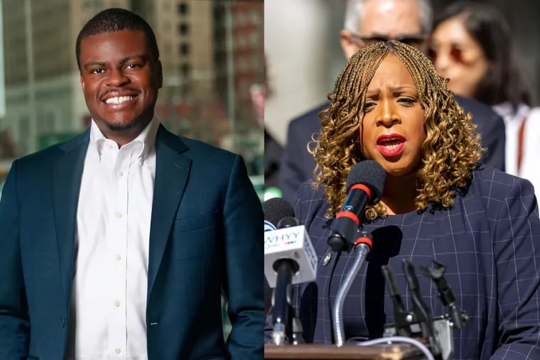 Left: Jabari K. Jones, a community advocate who is running for City Council. Right: Incumbent Councilmember Jamie Gauthier speaks during a news conference.
