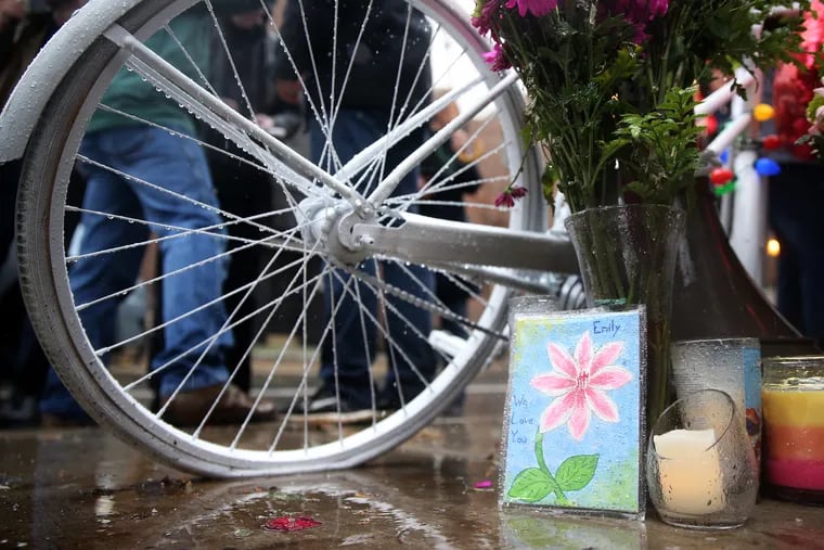 Small memorials like this one at 11th and Spruce Streets in Center City are springing up around the region to memorialize bicyclists killed while riding, like the 14-year-old killed Saturday in Warrington, Bucks County.