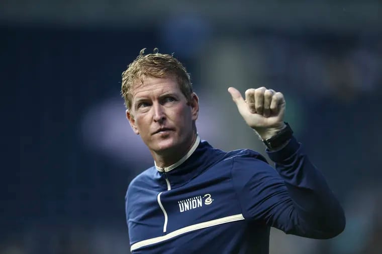Jim Curtin giving a thumbs-up to Union fans at Subaru Park before a game last September.