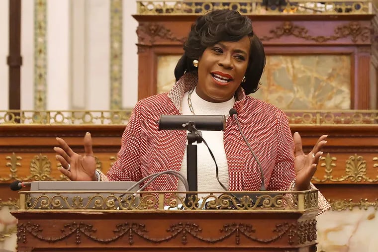 Philadelphia Mayor Cherelle L. Parker delivers her first budget address in City Council chambers on Thursday.