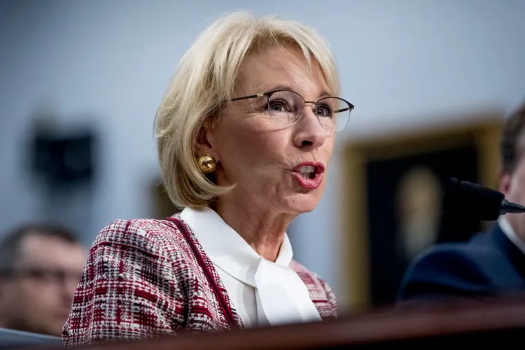 Education Secretary Betsy DeVos speaks during a House Appropriations subcommittee hearing on budget on Capitol Hill in Washington, Tuesday, March 26, 2019. (AP Photo/Andrew Harnik)
