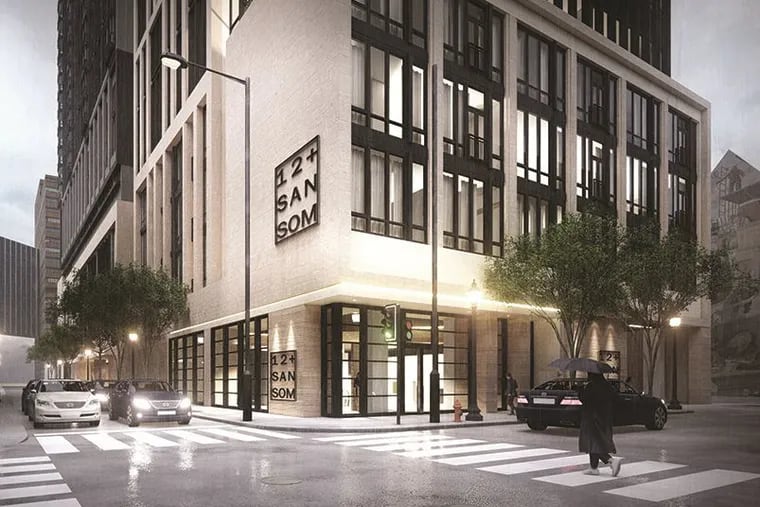 Artist's rendering of an age-restricted residential tower planned by Benchmark Wellness Management at the current site of a parking garage at 12th and Sansom Streets.