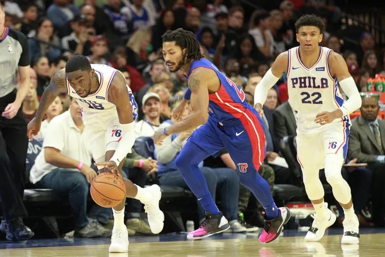 Shake Milton (left) and Matisse Thybulle (right), shown here against Derrick Rose and the Pistons in 2019, will be interesting to watch this season.