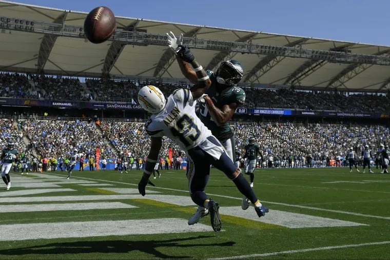 Philadelphia Eagles cornerback Rasul Douglas defends a pass intended for the Los Angeles Chargers’ Keenan Allen.