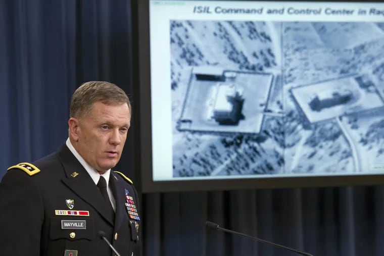 FILE - In this Sept. 23, 2014, file photo, Army Lt. Gen. William Mayville, Jr., Director of Operations J-3, speaks about the operations in Syria, during a news conference at the Pentagon. Syria says it has captured a US drone.  (AP Photo/Cliff Owen, File)
