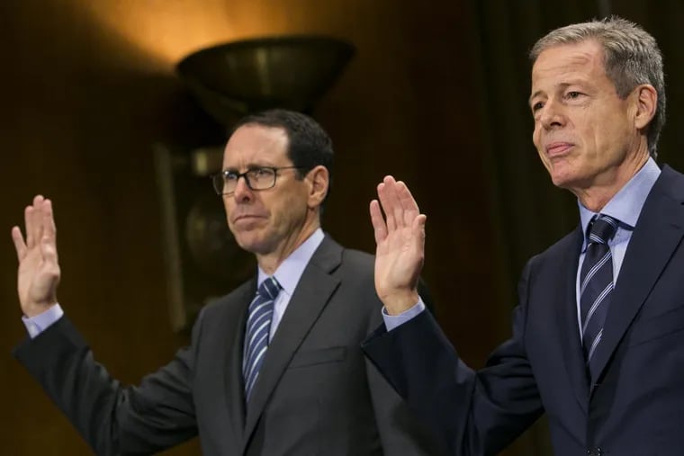 Randall Stephenson, chairman &amp; CEO of AT&amp;T (left) and Jeffrey Bewkes, chairman &amp; CEO of Time Warner are sworn in before the United States Senate Committee on the Judiciary Subcommittee on Antitrust, Competition Policy &amp; Consumer Rights during a hearing on the pending AT&amp;T and Time Warner merger in Washington, D.C. on Dec. 7, 2016.