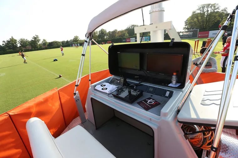 The Eagles’ video command center sits between the practice fields during Eagles training camp.