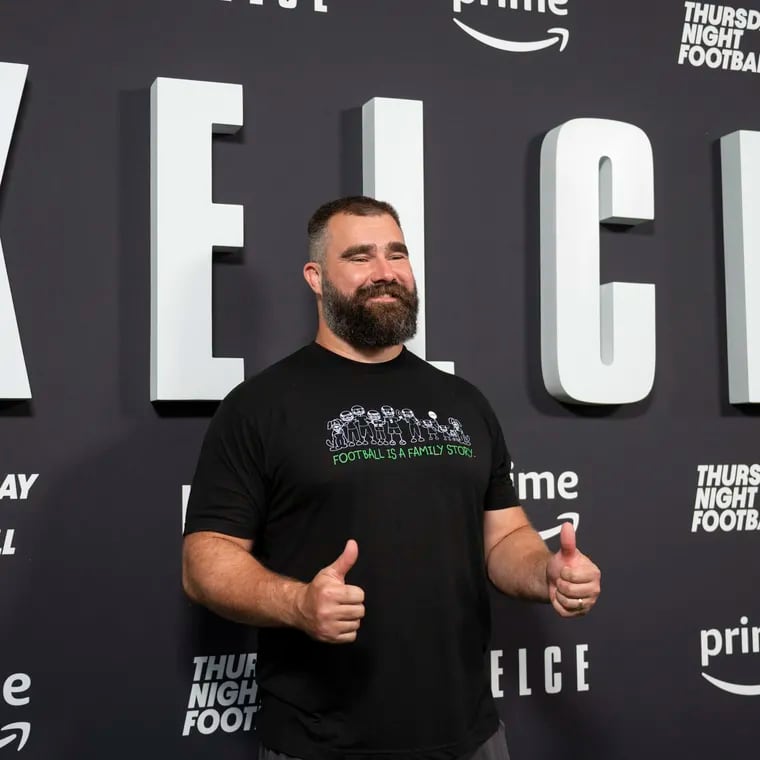 Jason Kelce poses for a photo on the green football field carpet at the premier of his documentary at Suzanne Roberts Theater in Philadelphia on Friday, Sept. 9, 2023. The film, Kelce, is a feature-length documentary featuring Jason Kelce and the Eagles’ 2022-2023 season.
