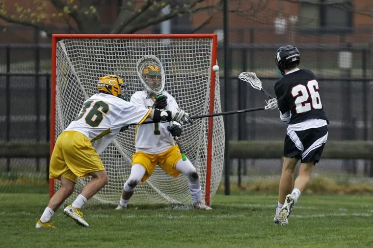 Haddonfield’s Aiden Blake (26), pictured in a game against Clearview last April, scored six times in 10-7 loss to St. Augustine Thursday.