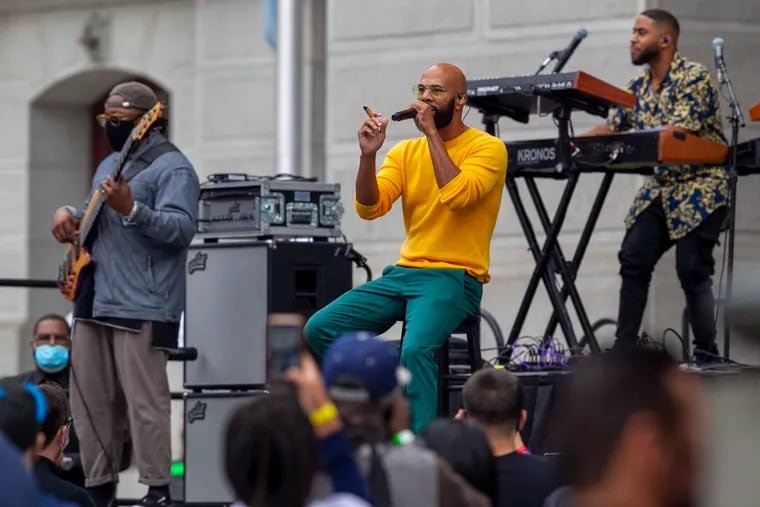 The rapper Common performs on north side of Philadelphia City Hall on Friday afternoon October 23, 2020. He is promoting the importance of voting.
