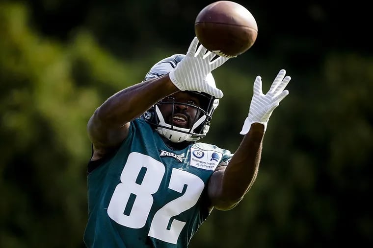 Philadelphia Eagles wide receiver Torrey Smith catches a ball during an NFL football training camp in Philadelphia, Friday, Aug. 4, 2017.