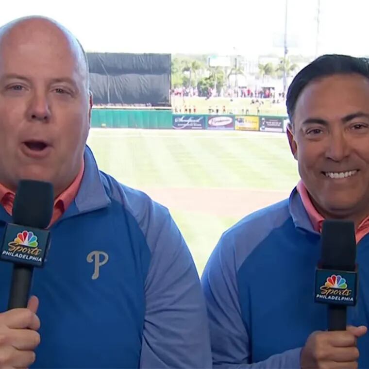NBC Sports Philadelphia Phillies announcers Tom McCarthy (left) and Rubén Amaro Jr., who is back for his fourth season calling games.