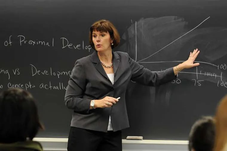 Kimberly Wright Cassidy, the 9th president of Bryn Mawr College and a tenured psychology professor, teaches a psych class Sept 18, 2014.  Cassidy's installation ceremony will be Saturday, Sept. 20, 2014.  ( CLEM MURRAY / Staff Photographer )