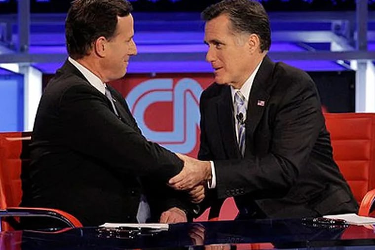 On Monday night, Rick Santorum endorsed Mitt Romney, saying "above all else" they agree that Obama must be defeated. (AP Photo / Jae C. Hong, File)