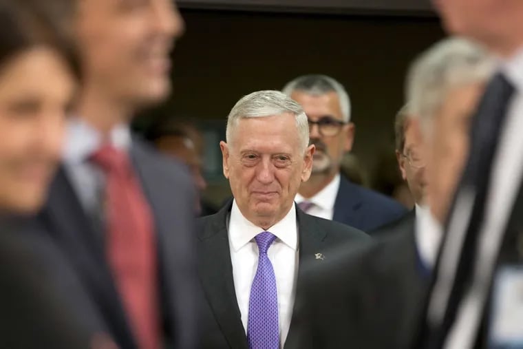 Defense Secretary Jim Mattis arrives for a meeting of NATO defense ministers in Brussels on Thursday. .