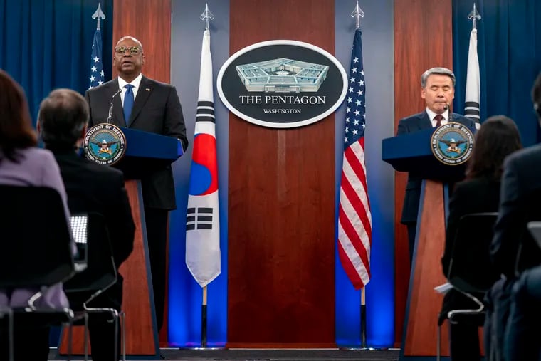 Secretary of Defense Lloyd Austin, accompanied by South Korea's Minister of National Defense Lee Jong-sup, right, speaks at the Pentagon.