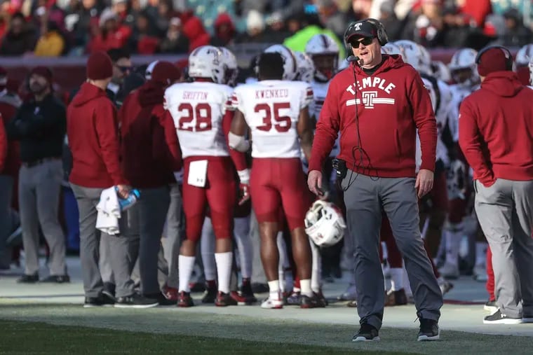 Temple head coach Rod Carey stands on the sideline during a game against Tulane at Lincoln Financial Field on Nov. 16, 2019.