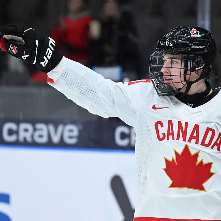Boston University's Macklin Celebrini celebrates after he scored a goal for Canada against Latvia in the World Junior Championship on Dec. 27, 2023. Celebrini is expected to be selected first in the NHL draft.