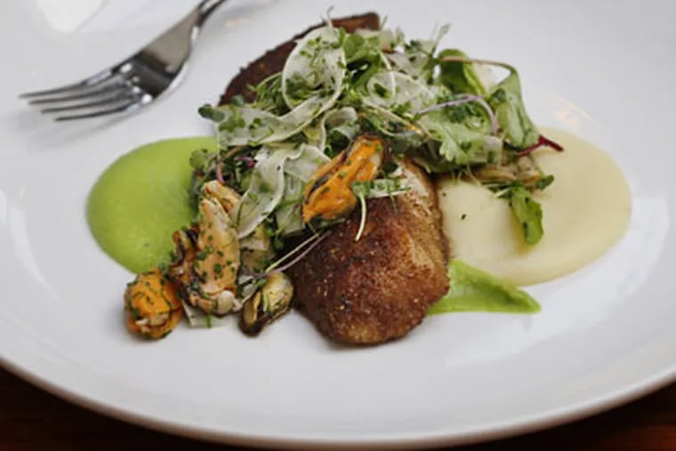 Pumpernickel-crusted sable fish with a yin-yang swirl of pureed green peas and white potatoes, a tuft of microgreens, and an ill-advised cold poached "mussel chowder" scattered on top. (MICHAEL S. WIRTZ / Staff Photographer)