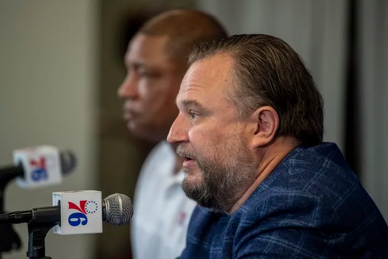 Sixers head coach Doc Rivers, left, and president of operations Daryl Morey talk to the media during media day at the Seventy Sixers Practice Facility in Camden, N.J. Monday, September 27, 2021