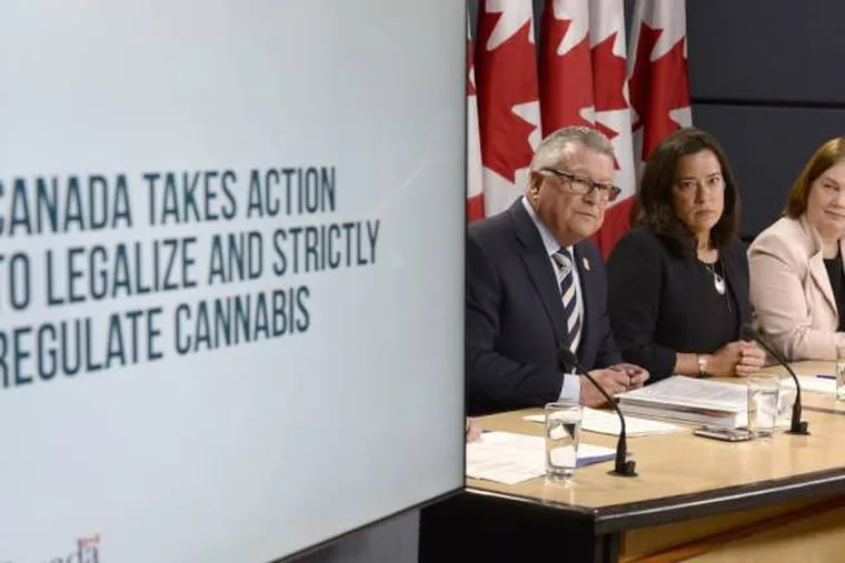 From left, Minister of Public Safety and Emergency Preparedness Ralph Goodale, Justice Minister and Attorney General of Canada Jody Wilson-Raybould, and Health Minister Jane Philpott announce changes regarding the legalization of marijuana during a news conference in Ottawa on Thursday.