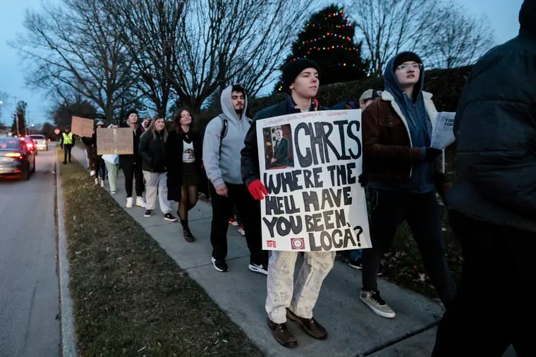 Protesters at the home of West Chester University president Christopher M. Fiorentino on Wednesday. Students at WCU are protesting over access to affordable housing on campus.