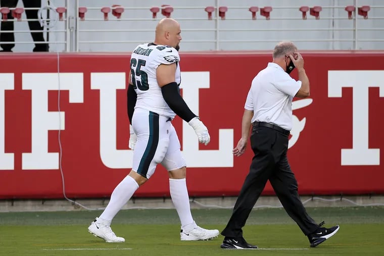 Lane Johnson goes to the locker room during the Eagles' Oct. 4 victory at San Francisco to get a numbing shot for his left ankle.