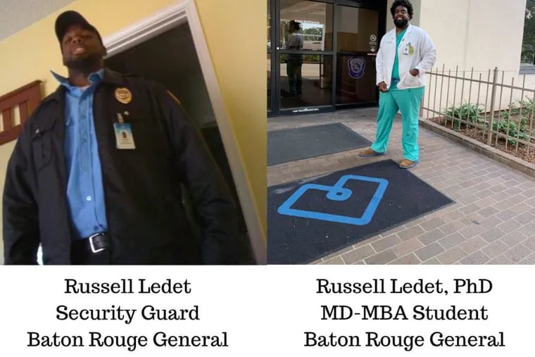 Russell Ledet in his job as a security guard at Baton Rouge General Medical Center in 2010 and as a medical student there in 2020.