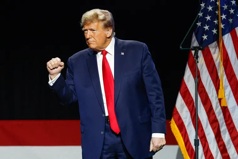 Former President Donald Trump takes the stage at the National Rifle Association's Presidential Forum in Harrisburg, Friday, Feb. 9, 2024. Trump will be back in Pennsylvania for a fundraiser in Bucks County April 13.