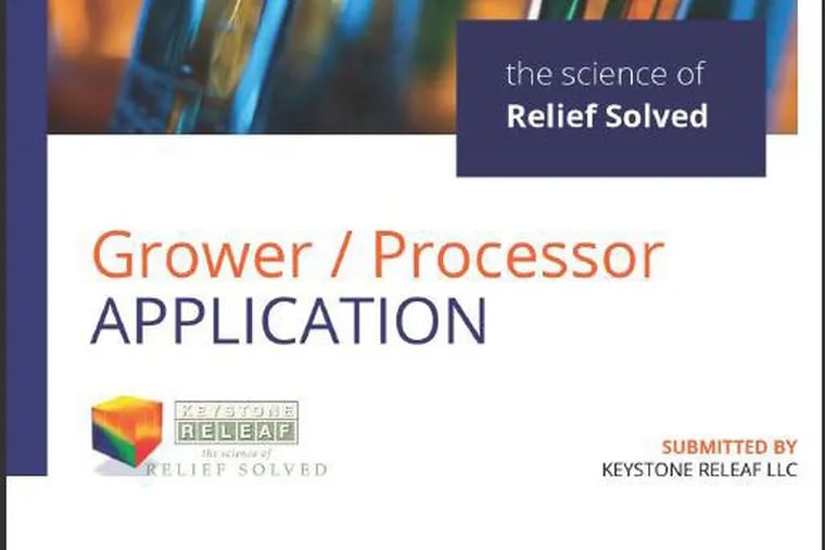 Cover of the Medical Marijuana Organization Grower / Processor Application submitted by Keystone Releaf LLC, which is seeking an injunction against the state Department of Health. The company has asked the court to rescind all previously awarded permits and start again from scratch.