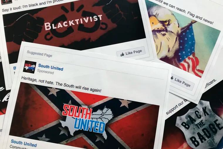 FILE - This Nov. 1, 2017 file photo shows prints of some of the Facebook ads linked to a Russian effort to disrupt the American political process and stir up tensions around divisive social issues, released by members of the U.S. House Intelligence committee, in Washington. According to a study published Wednesday, Jan. 9, 2019 in Science Advances, people over 65 and conservatives shared far more false information in 2016 on Facebook than others. Researchers say that for every piece of “fake news” shared by young adults or moderates or super liberals, senior citizens and very conservatives shared about 7 false items. Experts say seniors might not discern truth from fiction on social media as easily. They say sheer volume of pro-Trump false info may have skewed the sharing numbers to the right.  (AP Photo/Jon Elswick, File)
