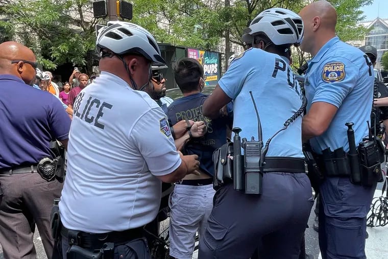 Philadelphia police arrested five Moms for Liberty protesters for blocking traffic outside the Philadelphia Marriott Downtown Sunday morning.