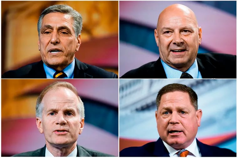 Clockwise from top left, the leading Republican candidates for Pennsylvania governor Lou Barletta, Doug Mastriano, Dave White, and Bill McSwain.