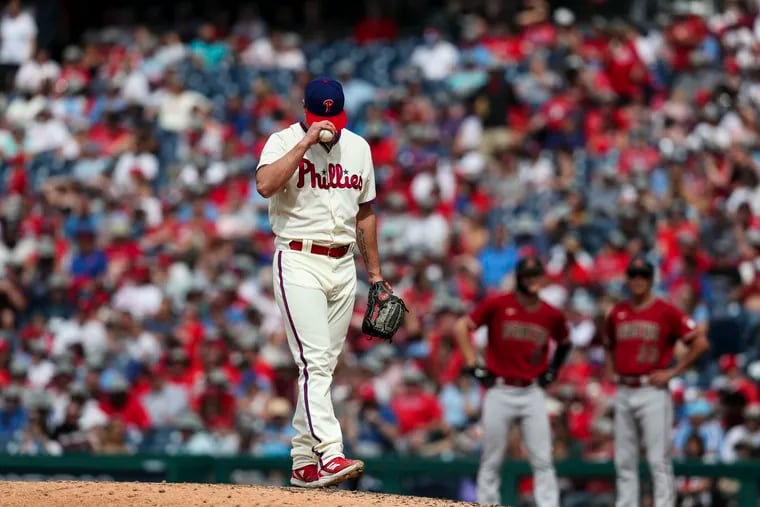 Philadelphia Phillies relief pitcher Andrew Bellatti (64) between pitches during the sixth inning of the Philadelphia Phillies game against the Arizona Diamondbacks at Citizens Bank Park in Philadelphia, Pa. on Sunday, June 12, 2022.