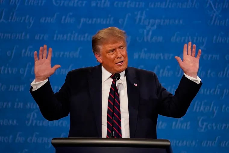 President Donald Trump gestures while speaking during the first presidential debate Tuesday, Sept. 29, 2020, at which he refused to condemn white supremacy.