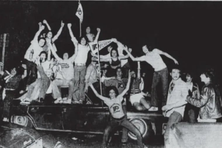 A file photo shows the 1974 celebration at Broad Street and Oregon Avenue after the Flyers Stanley Cup victory.