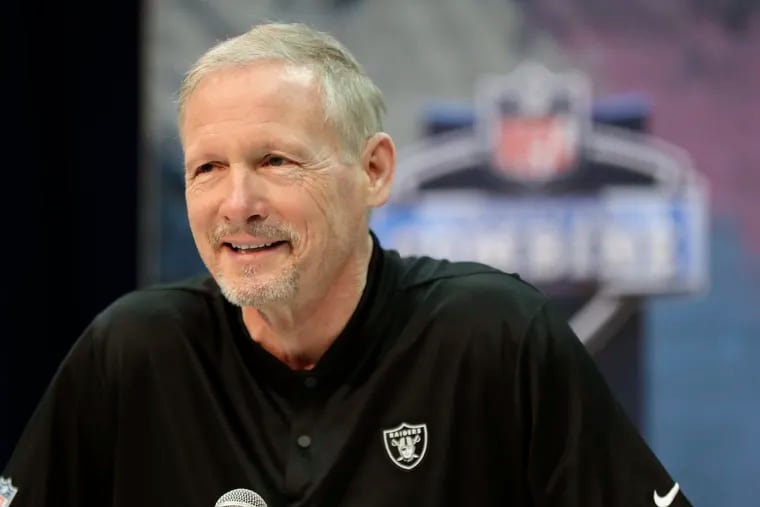 Oakland Raiders general manager Mike Mayock speaks during a press conference at the NFL football scouting combine in Indianapolis.
