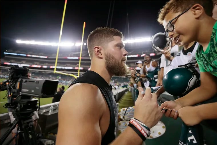 Nine-year-old Maurice Jones of Maryland was happy to get an autograph from # 47, Nate Gerry and then happier when Gerry gave Jones his shoes after the open practice at Lincoln Financial Field on August 4, 2019. Right now, Gerry is the healthy linebacker with the most experience in the Eagles' defense.