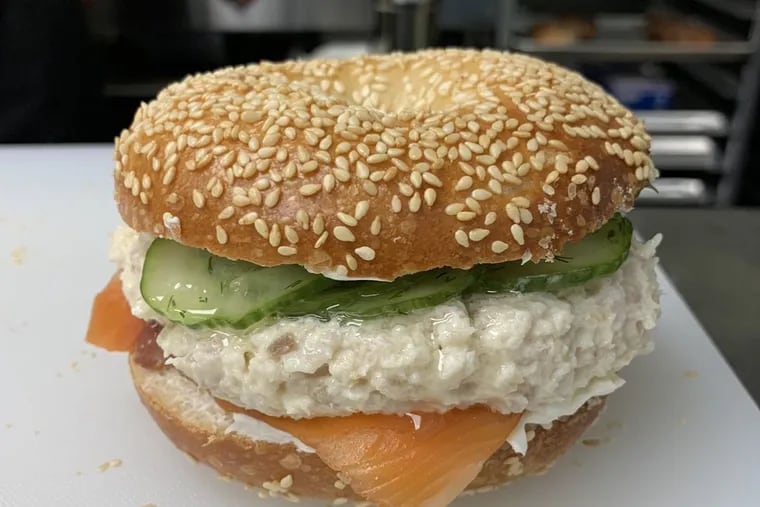 Smoked fish and lox on a sesame bagel from Bart's Bagels.
