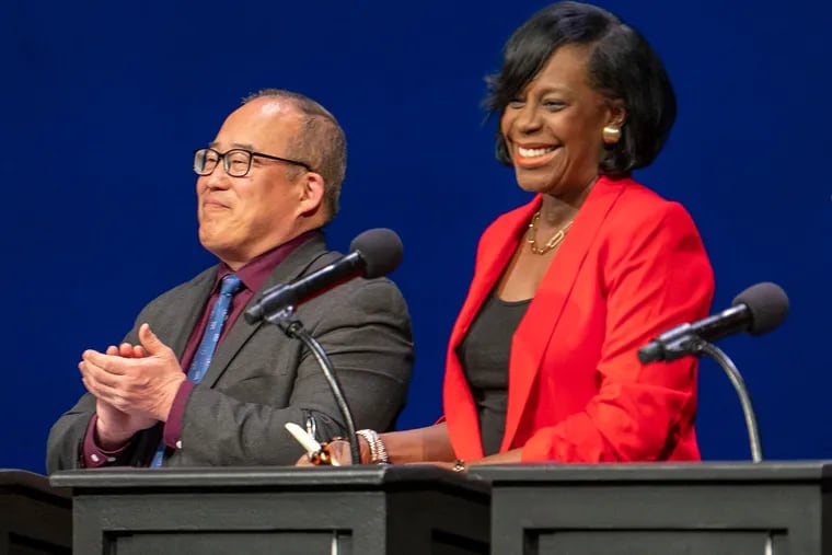 Republican David Oh and Democrat Cherelle Parker during a mayoral forum in March.