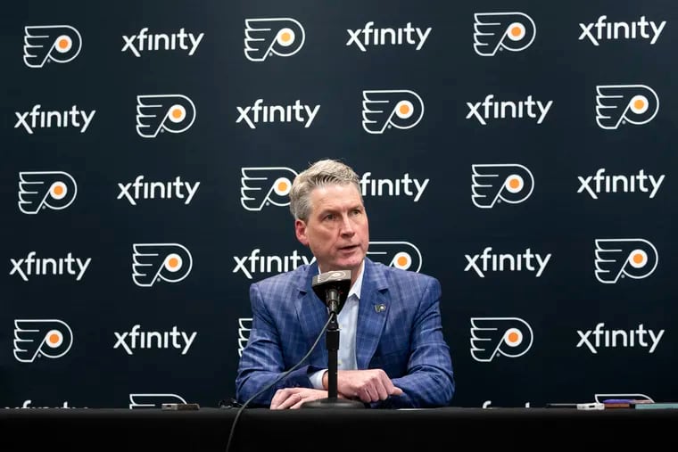 Flyers General Manager Chuck Fletcher speaks during the end of the season press conference at the Flyers Training Center in Voorhees Township, N.J. on Tuesday, May 3, 2022. The Flyers, 25-46-11 overall, finished last in the Metropolitan division and missed out on the playoffs for the second consecutive year.