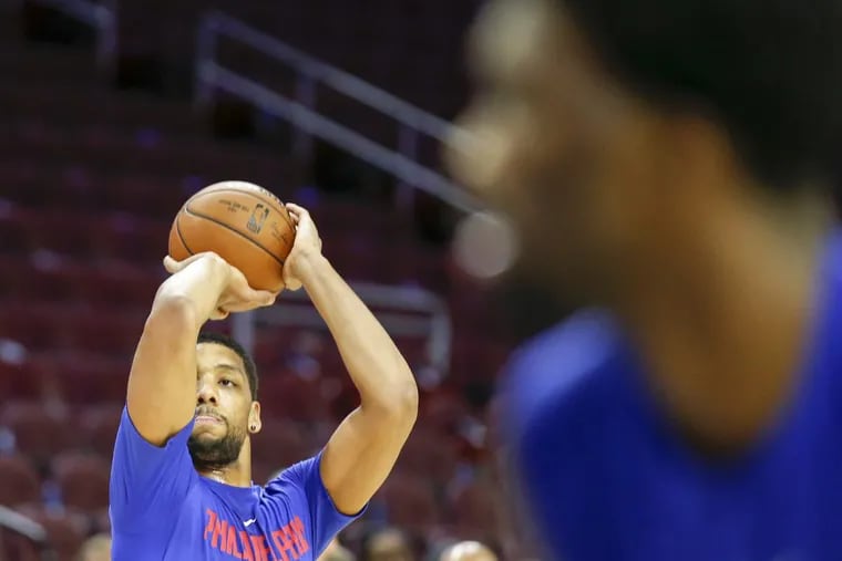 Sixers center Jahlil Okafor shoots the basketball during warm-ups before the Sixers play the Indiana Pacers on Nov. 3.